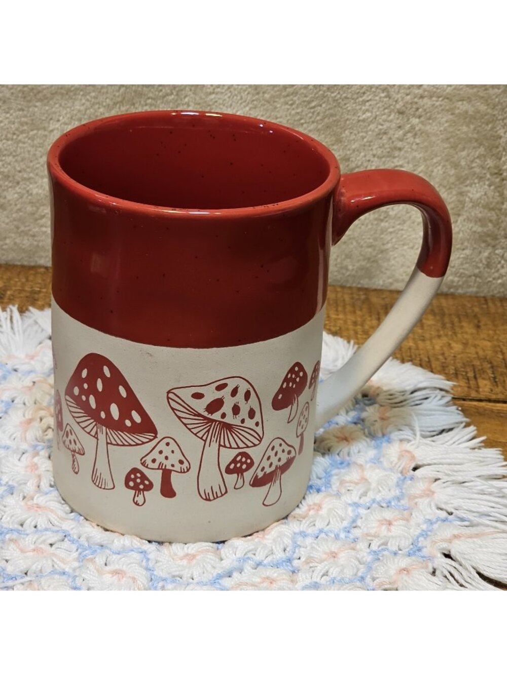 Seeds &Sunshine Red MUSHROOM Stone and Glazed Two-Colored Embossed Coffee Mug